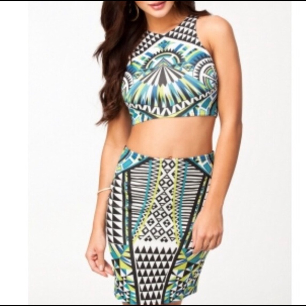 Aztec Tribal Crop Top Skirt Set NWOT MEDIUM